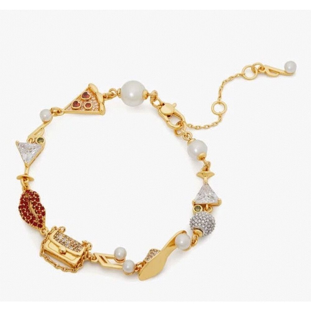 Kate Spade Gold Tone Hit The Town Charm Bracelet Faux Pearl & Crystal |